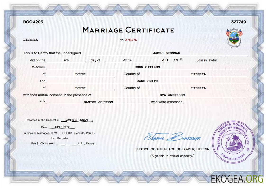 Modèle Word et PDF de certificat de mariage au Libéria